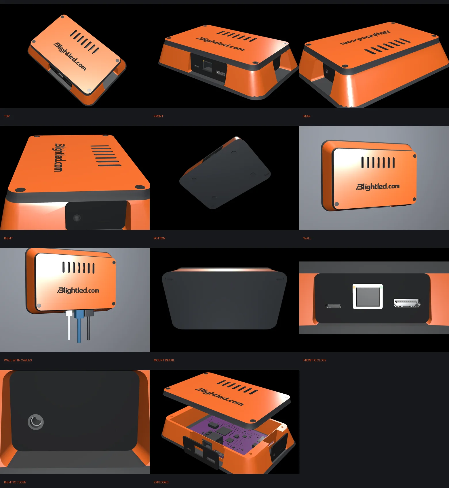 LC-MP1 media server enclosure engineering views including front, rear, side, mounted, and exploded configurations
